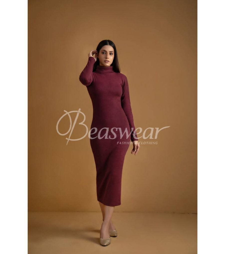 Ch # 361 Ribbed Cotton High Neck Bodycon Dress
