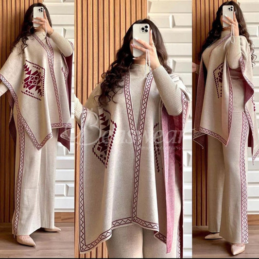 CH-370 BEA'S READY TO WEAR WINTER 3 PIECE FLEECE SUIT CAPE SHAWL HIGH NECK & TROUSER