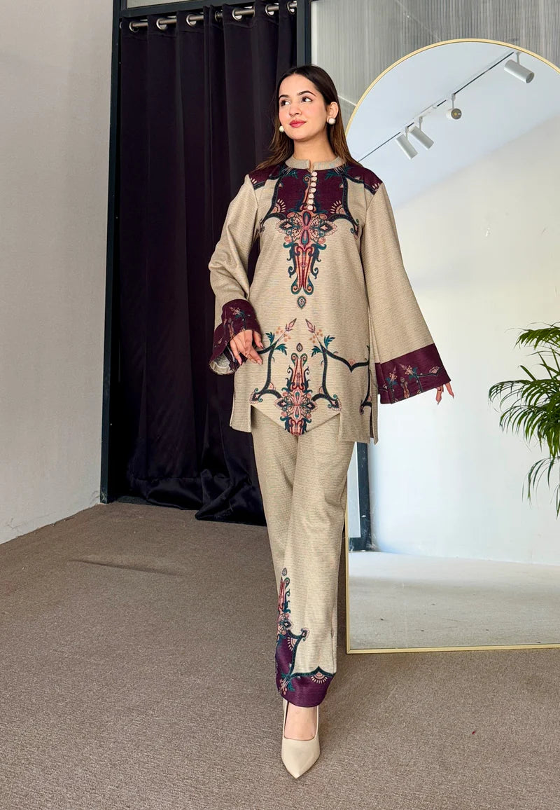 Beige & Wine Cutwork Woollen Kurta Set (D-04)