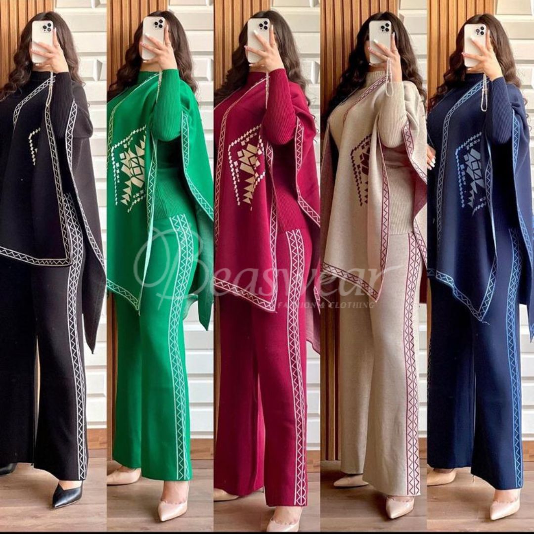 CH-370 BEA'S READY TO WEAR WINTER 3 PIECE FLEECE SUIT CAPE SHAWL HIGH NECK & TROUSER