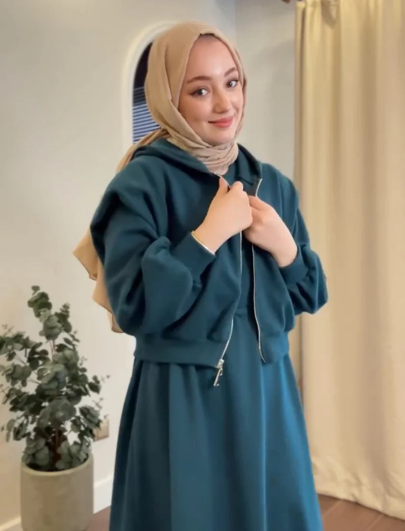 CH-508 BEA'S 2 Pcs Winter Outfit Long Frock With Upper Fleece Hoodie