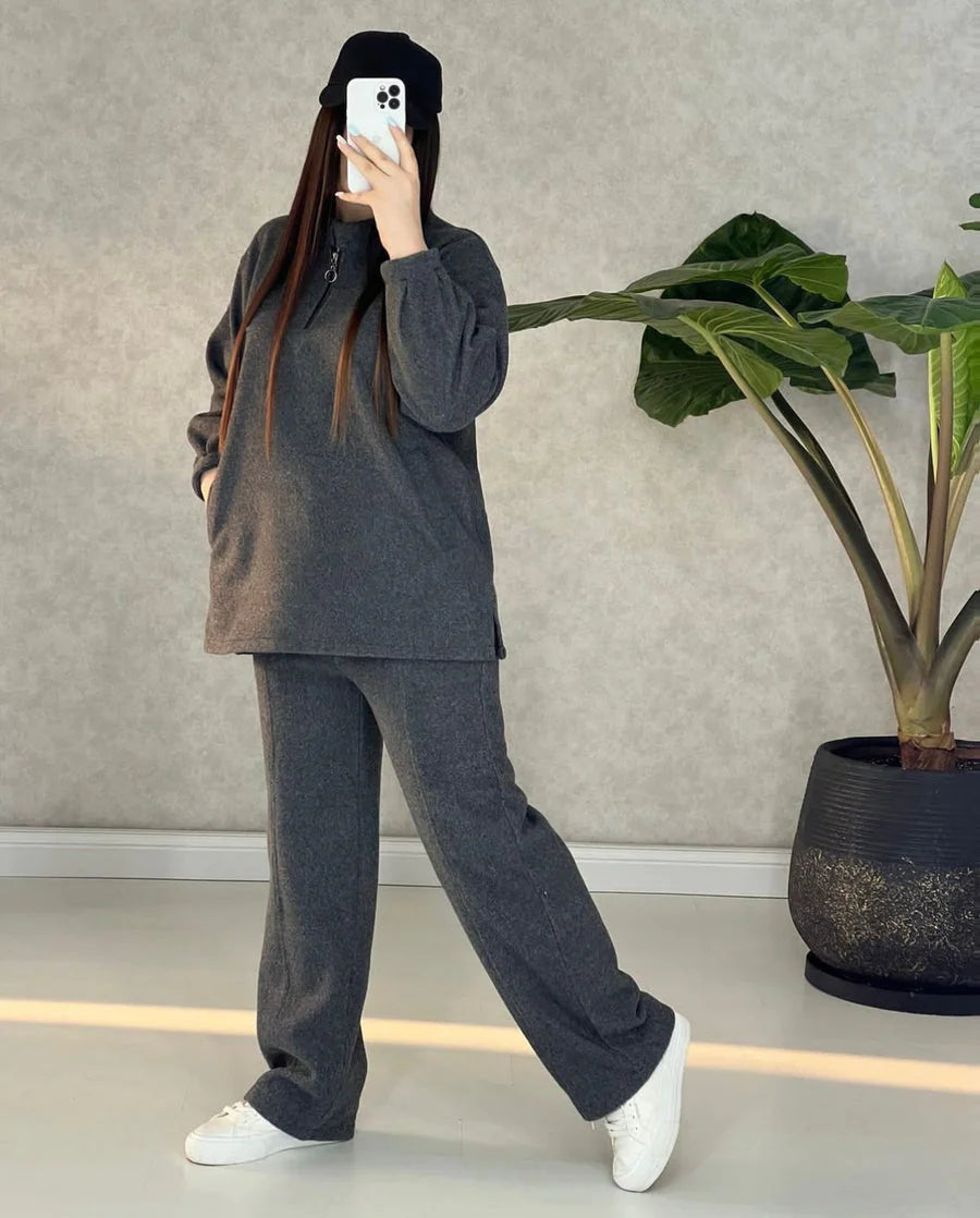 CH-322 WINTER SIDE POCKET 2 PIECES FLEECE DRESS