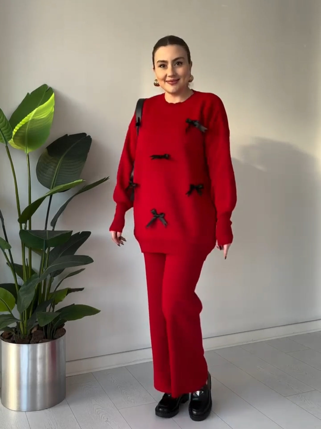 CH-525 BEA'S Bow Style Warm Fleece Wnter Co-ord Set