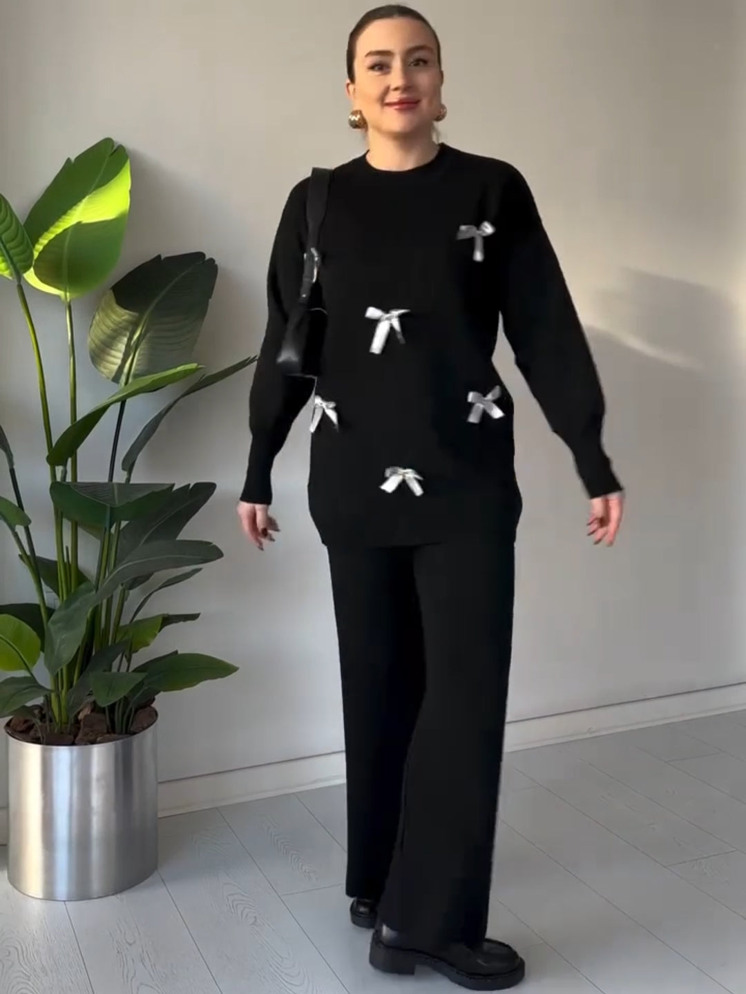 CH-525 BEA'S Bow Style Warm Fleece Wnter Co-ord Set