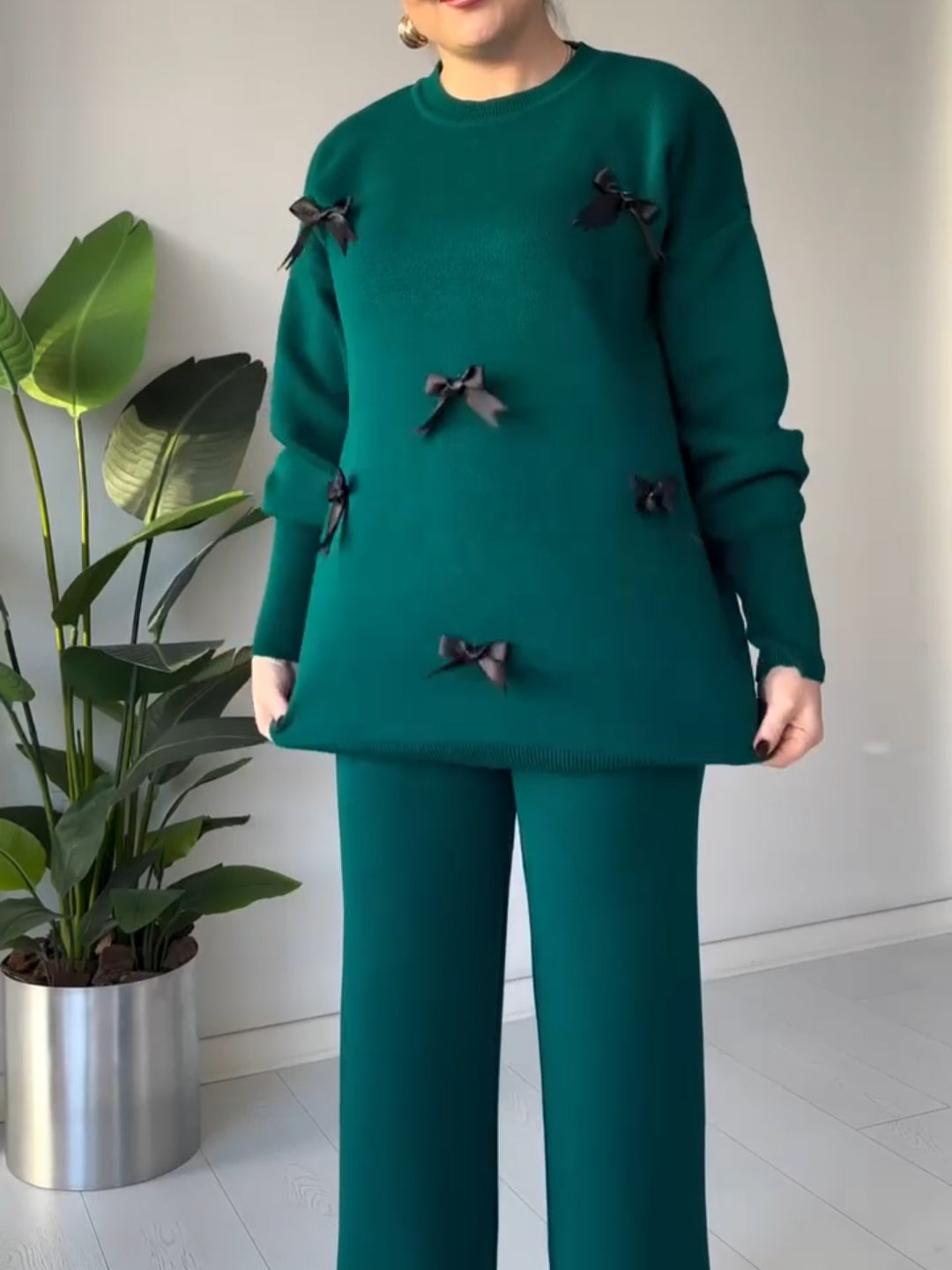 CH-525 BEA'S Bow Style Warm Fleece Wnter Co-ord Set