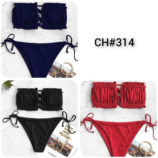 BIKINI SET RUFFLE STRAPLESS TIE SIDE BIKINI WOMEN SWIMWEAR SEXY HIGH CUT STRAPLESS LOW WAISTED BIKINI CH # 314