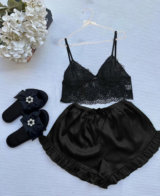 P-66 BEA'S Silk Frill Short With Net Bra Night Wear Set.