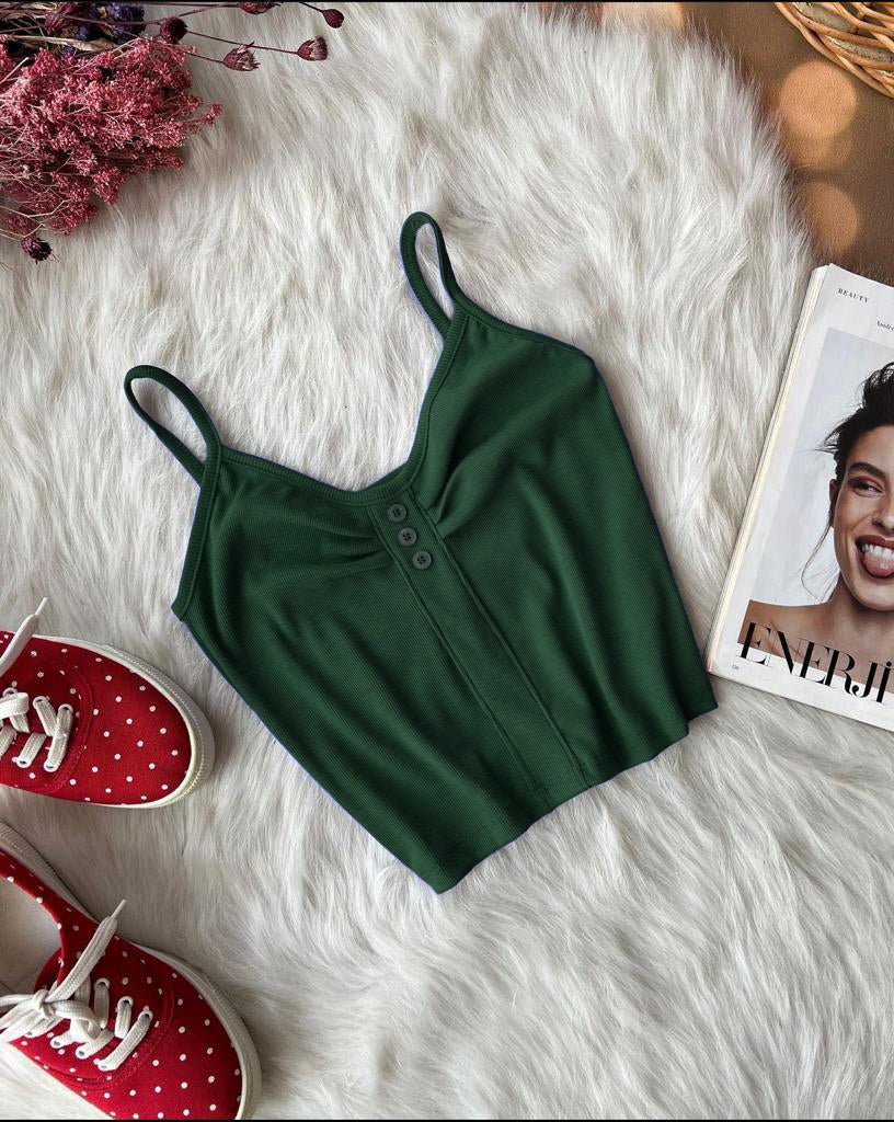 Bea's Cotton Ribbed Stretchable Button Style Crop Top CH#385