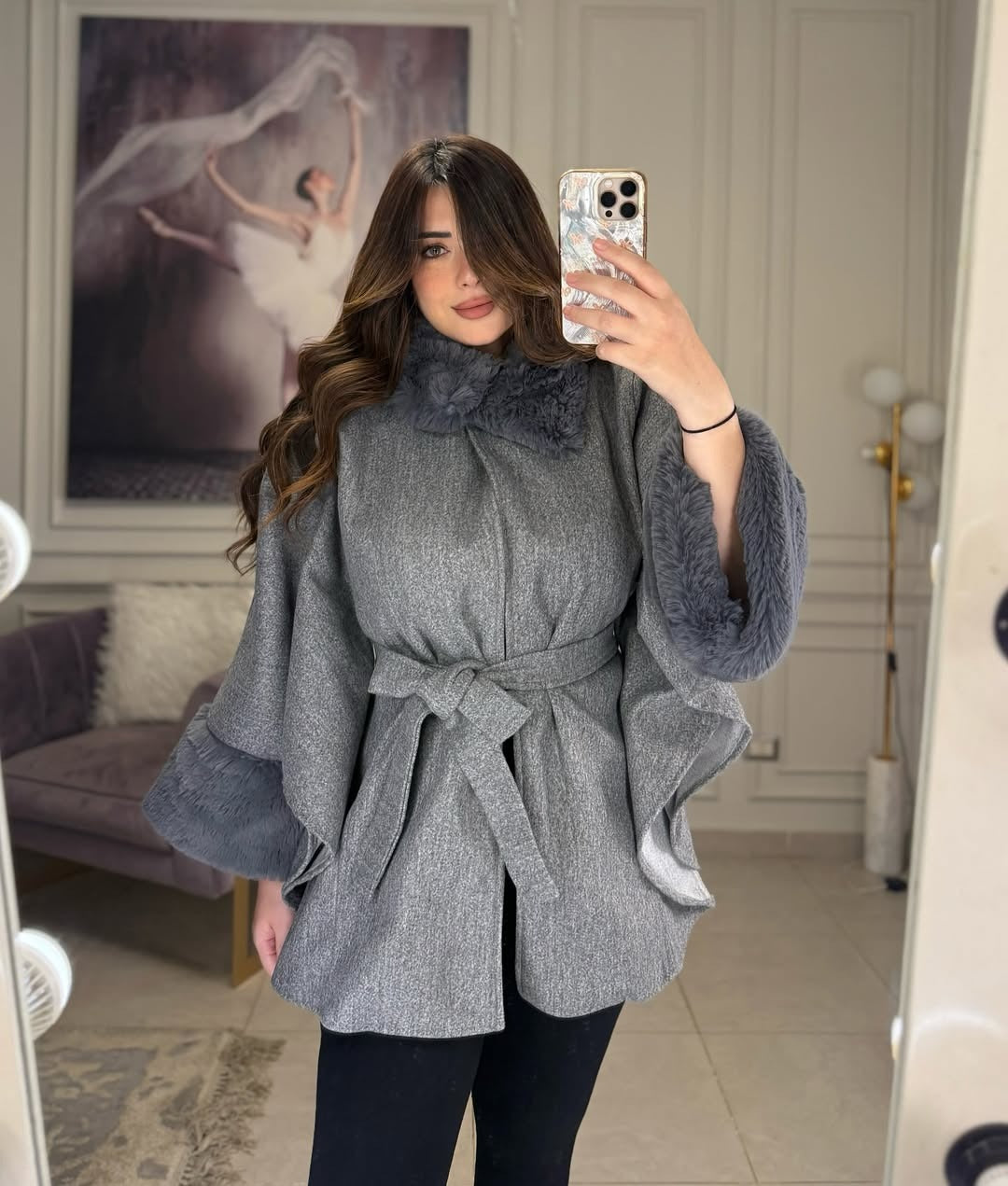 CH-623 BEAS Women’s Elegant Fur Cuff Belted Cape Coat – Winter Fleece