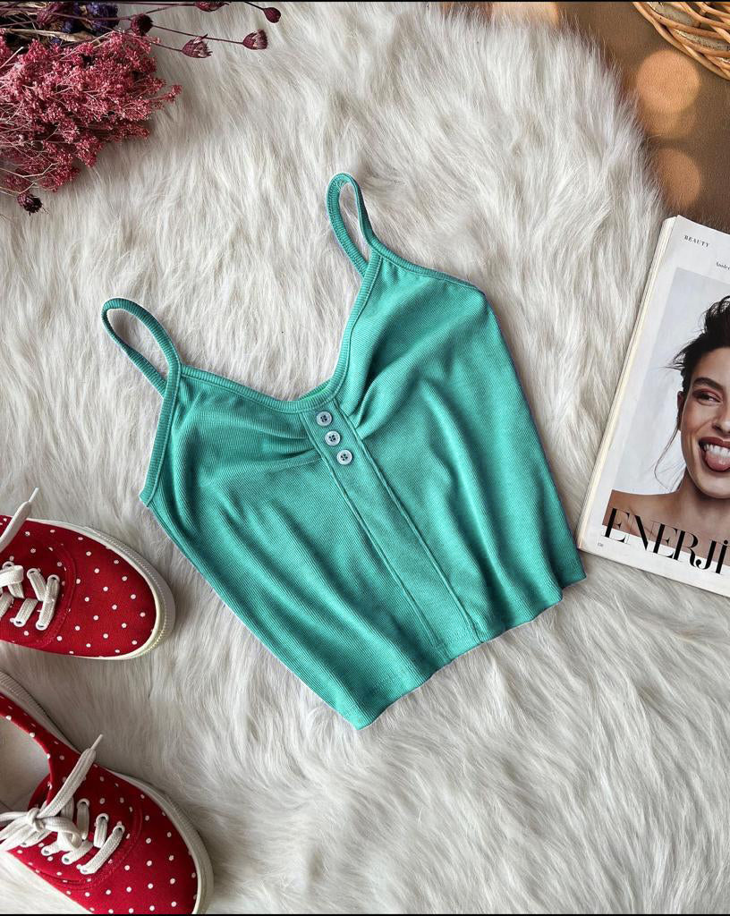 Bea's Cotton Ribbed Stretchable Button Style Crop Top CH#385