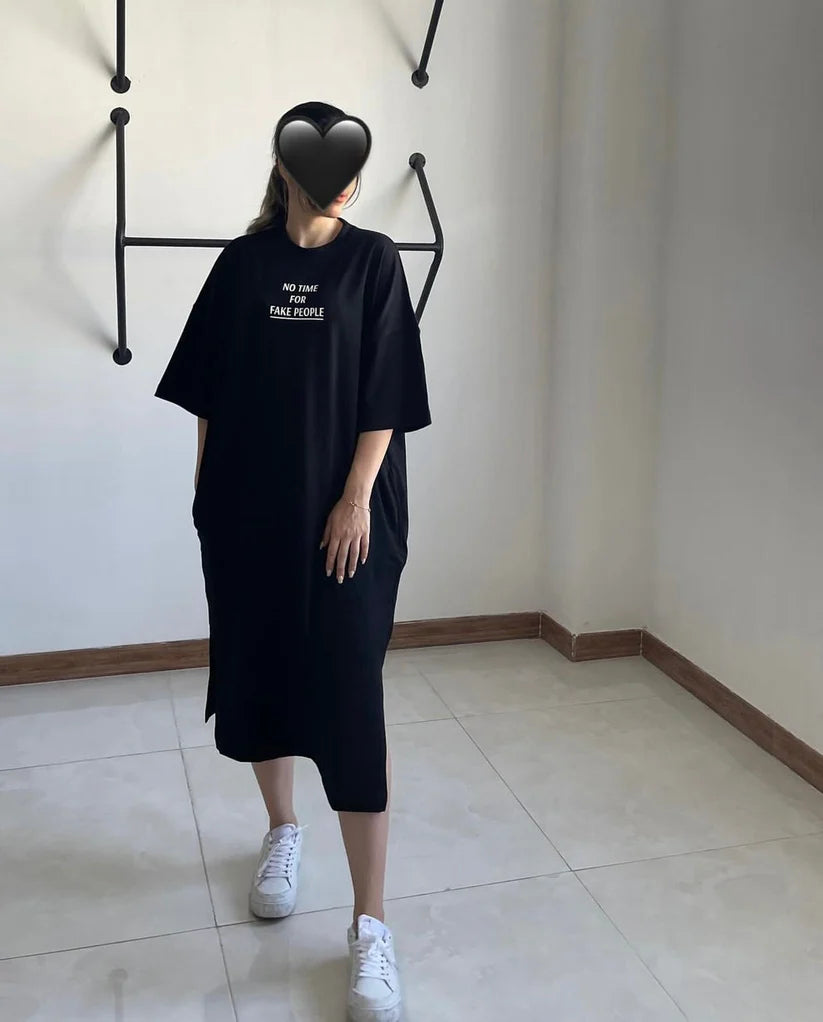 Ch # 461 BEA'S No Time For Fake People Drop Shoulder Long Top Tee