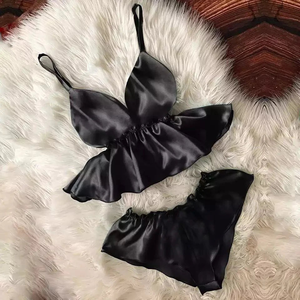 WOMEN V-NECK EYELASH CAMI BOWKNOT SHORTS SET CHK # P46