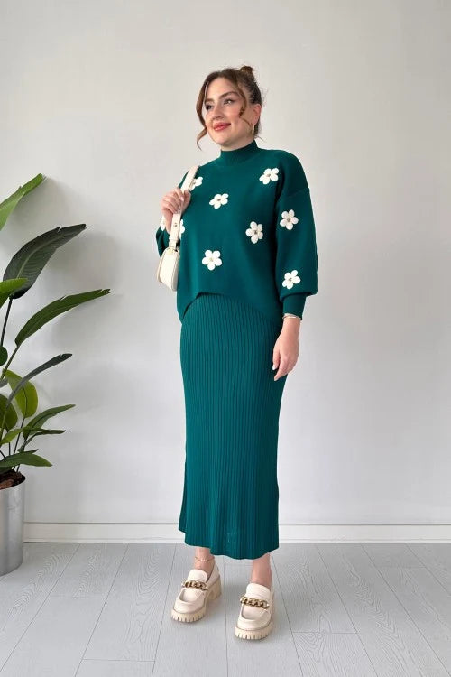 CH-483 Flowers Printed Stretchable Ribbed Fleece Dress