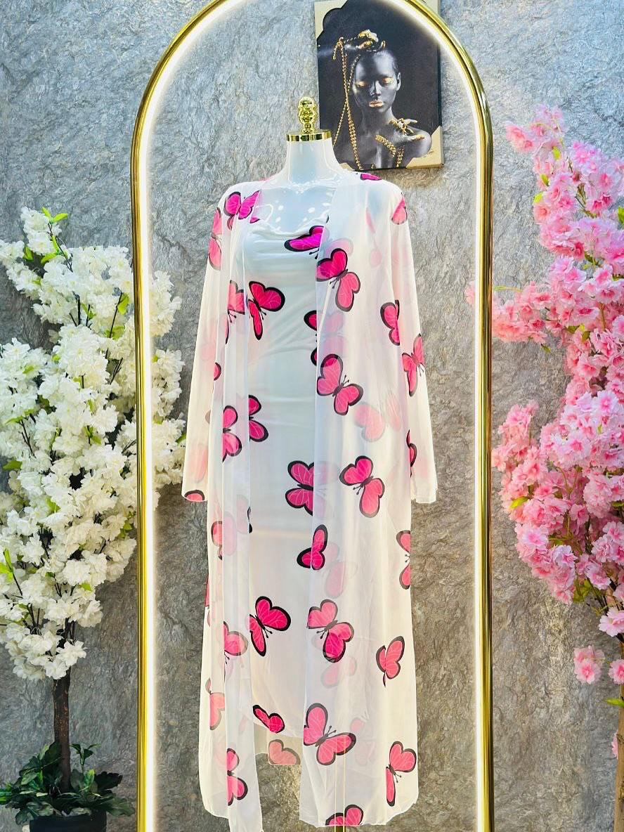CH-572 Bea's 2 Piece Butterfly Printed Long Gown Dress