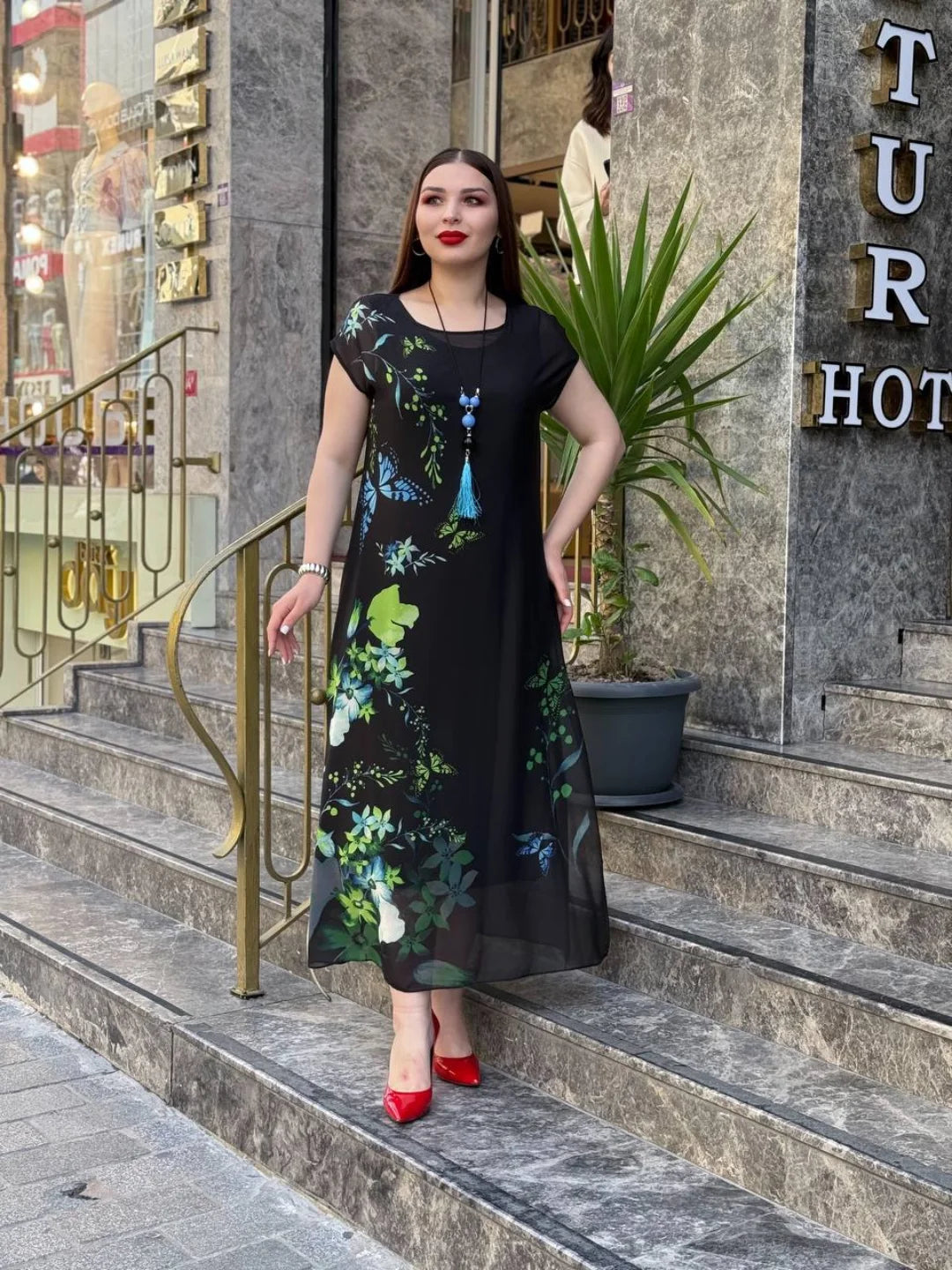 CH-570 2 Piece Floral Printed Party Turkish Style Dress