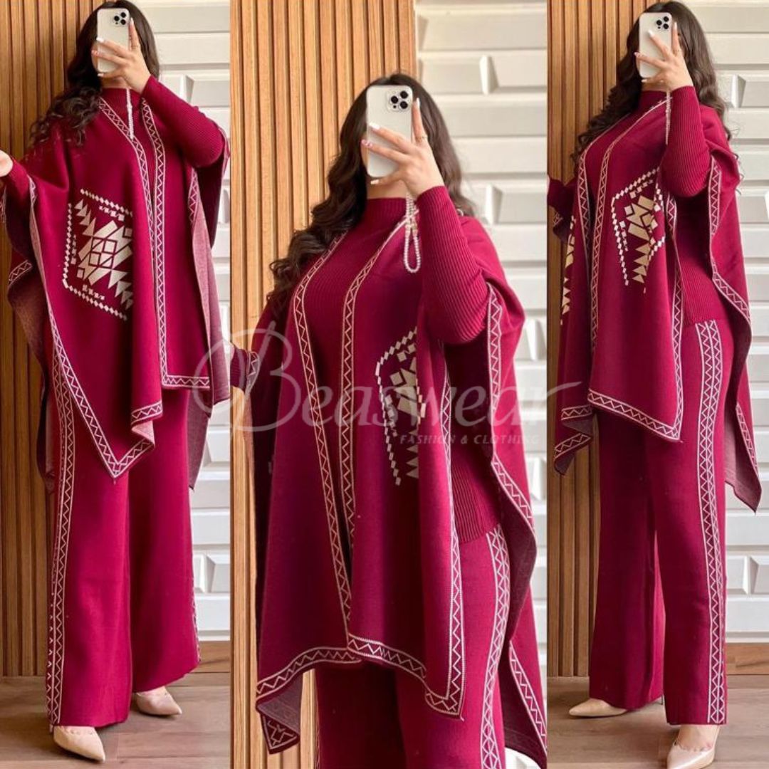 CH-370 BEA'S READY TO WEAR WINTER 3 PIECE FLEECE SUIT CAPE SHAWL HIGH NECK & TROUSER