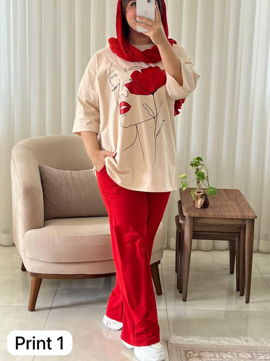 CH # 531 Beaswear Artistic Printed Drop-Shoulder Tee Trousers