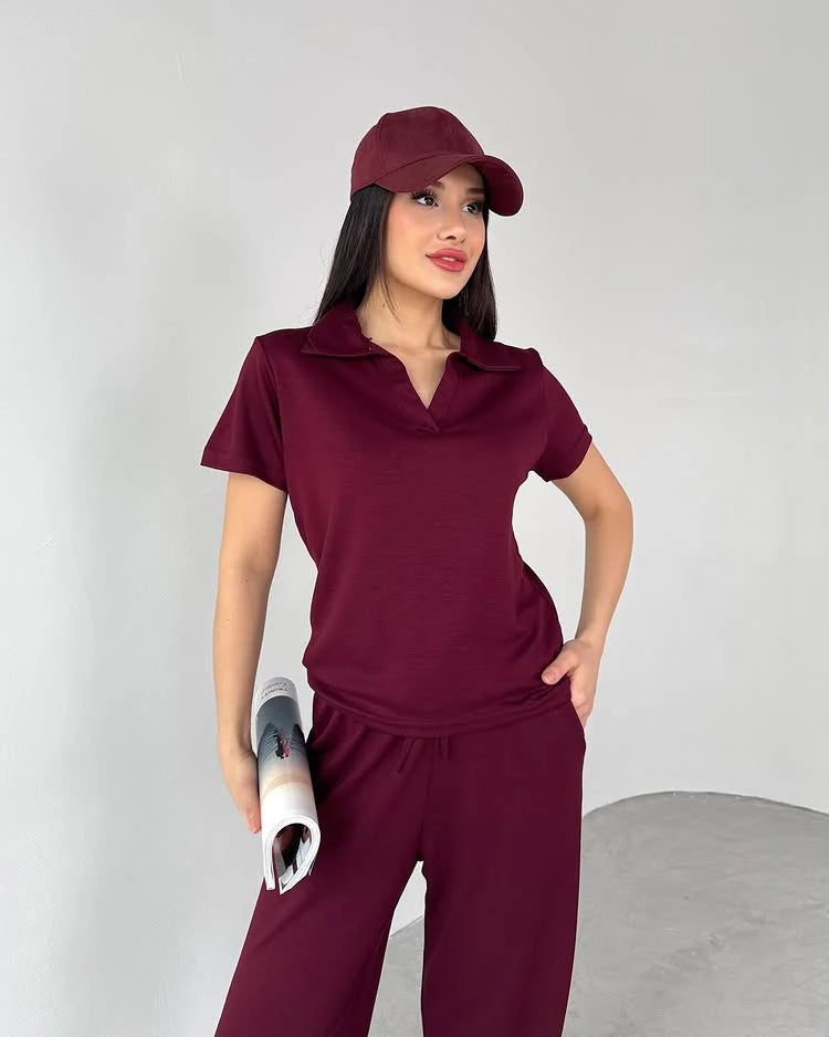 CH-550 Summer Casual Women's Polo Collar Top & Trouser Set