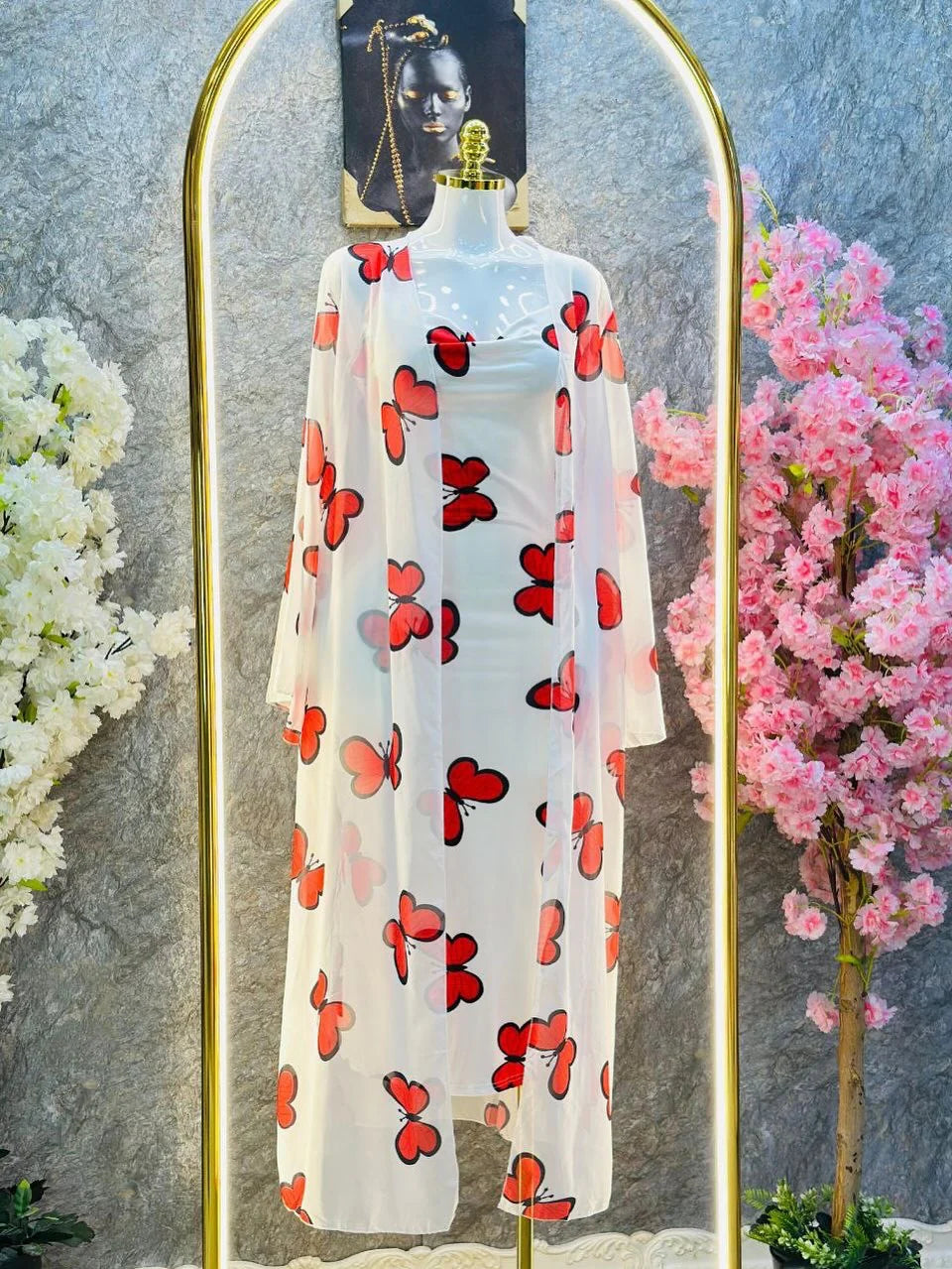 CH-572 Bea's 2 Piece Butterfly Printed Long Gown Dress