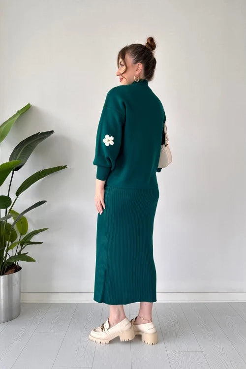 CH-483 Flowers Printed Stretchable Ribbed Fleece Dress