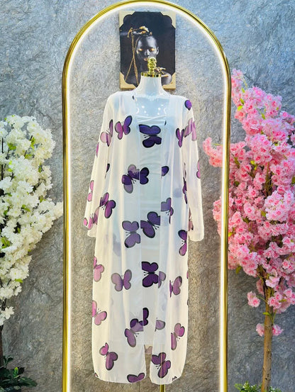 CH-572 Bea's 2 Piece Butterfly Printed Long Gown Dress