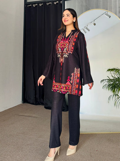 Black Printed Woollen Kurta Set (D-06)