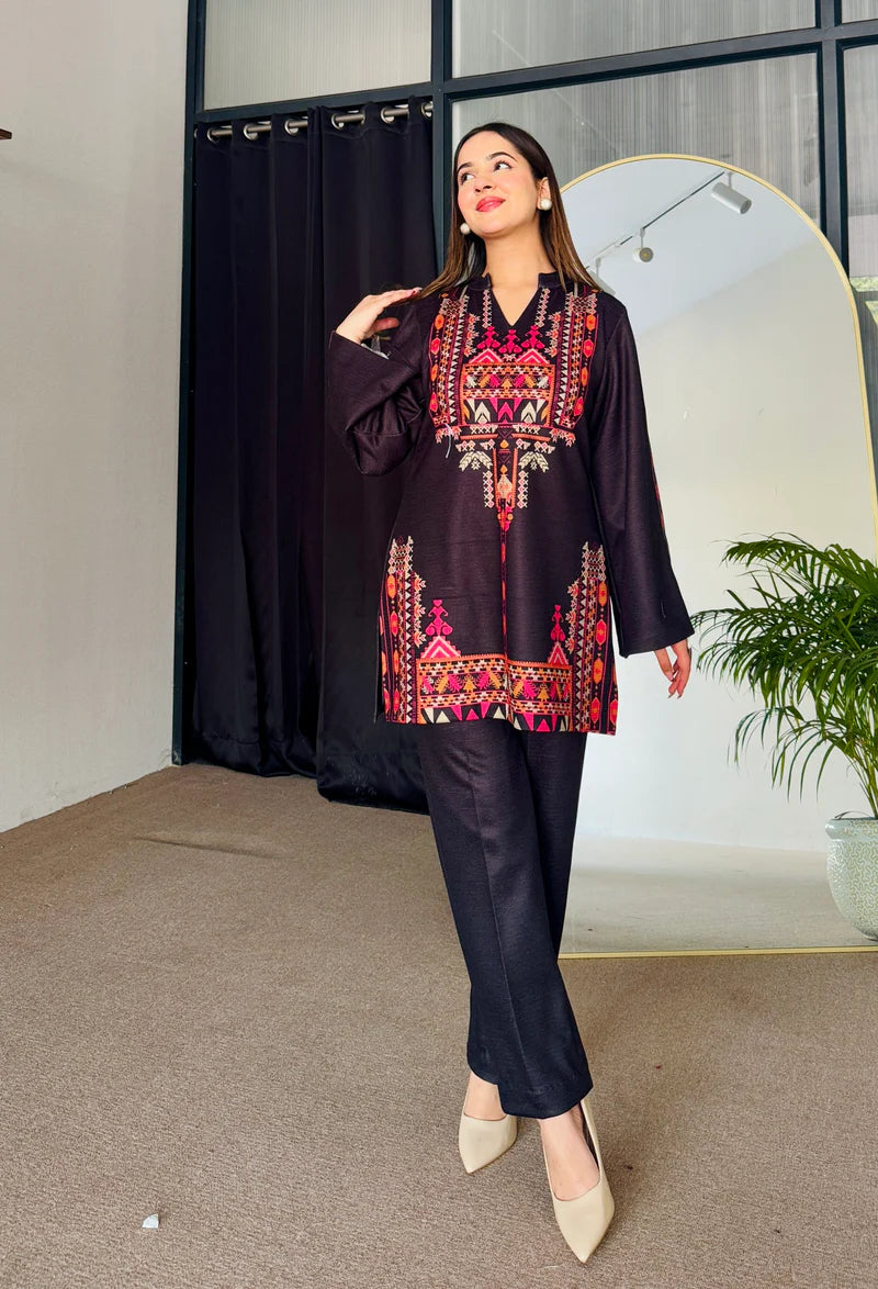 Black Printed Woollen Kurta Set (D-06)