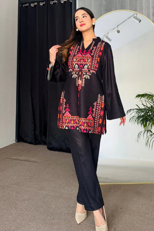 Black Printed Woollen Kurta Set (D-06)