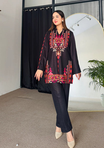 Black Printed Woollen Kurta Set (D-06)