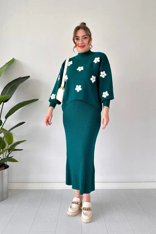 CH-483 Flowers Printed Stretchable Ribbed Fleece Dress