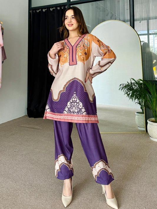 Ada Beige & Purple Pakistani Kurta Set (D-01)