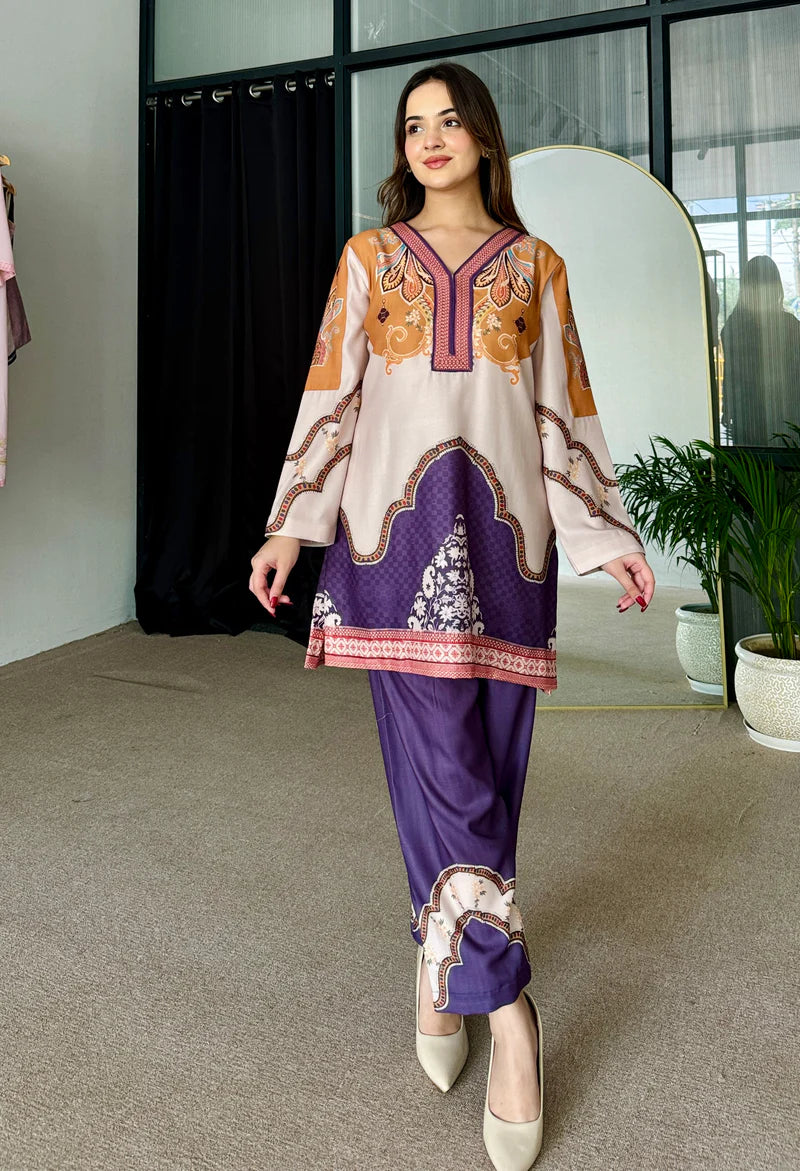 Ada Beige & Purple Pakistani Kurta Set (D-01)