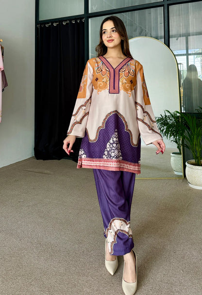 Ada Beige & Purple Pakistani Kurta Set (D-01)