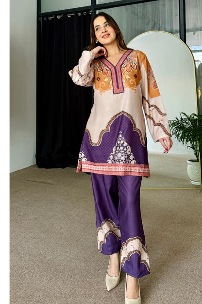 Ada Beige & Purple Pakistani Kurta Set (D-01)