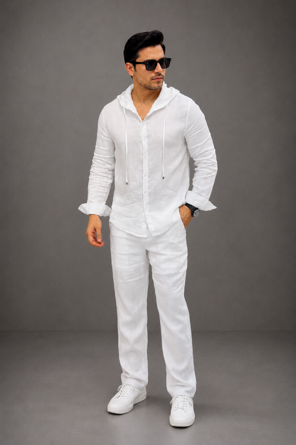 LI-135 |BEA'S | Men's Summer White Linen Hoodie Shirt & Trouser Set