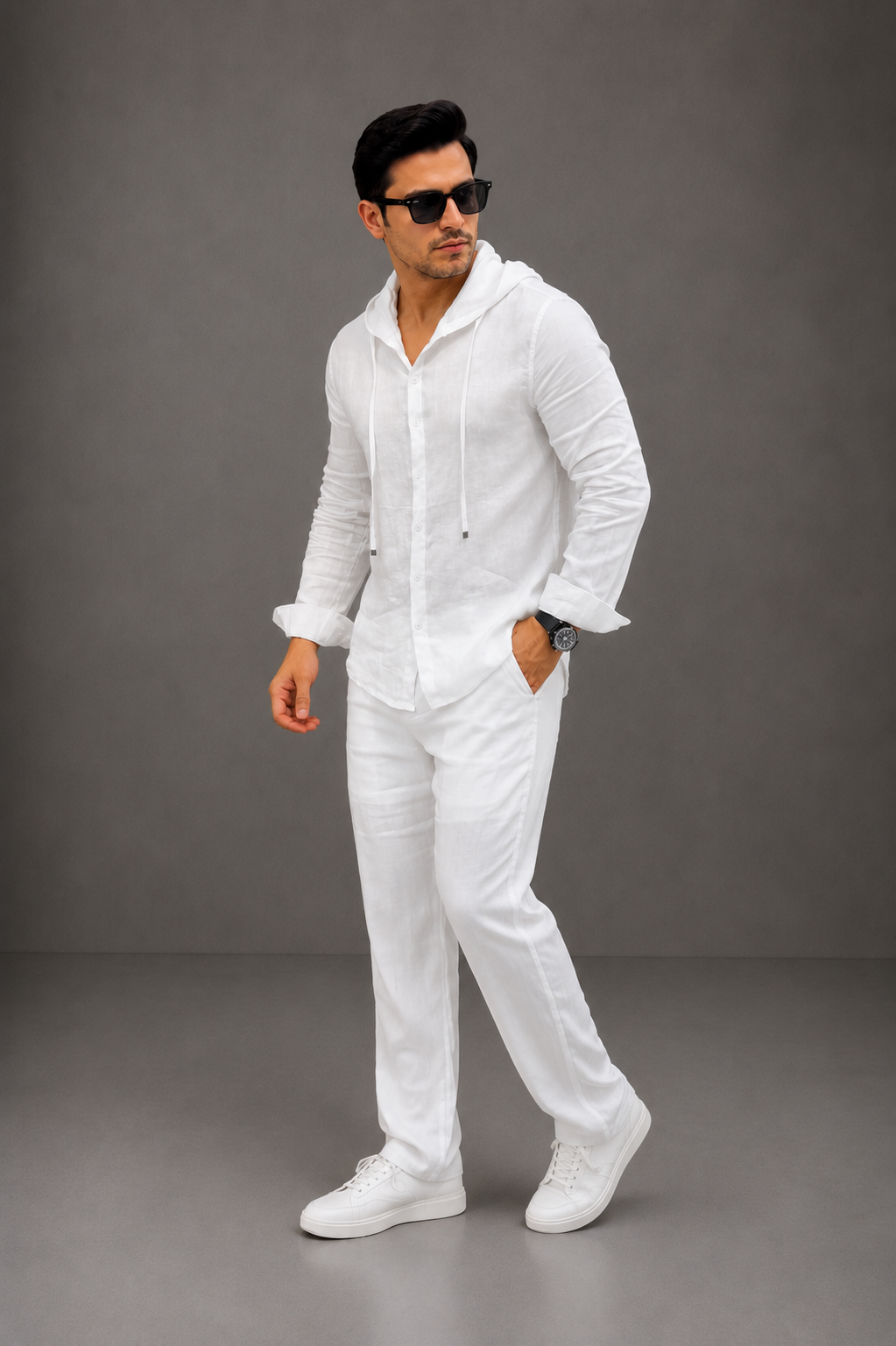 LI-135 |BEA'S | Men's Summer White Linen Hoodie Shirt & Trouser Set