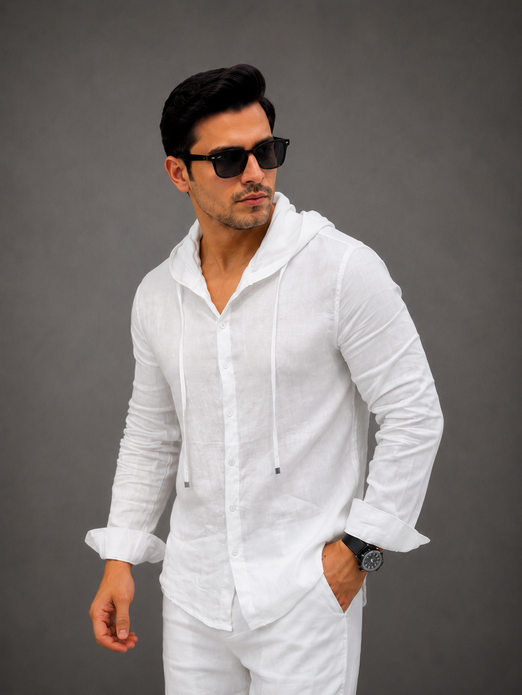 LI-135 |BEA'S | Men's Summer White Linen Hoodie Shirt & Trouser Set