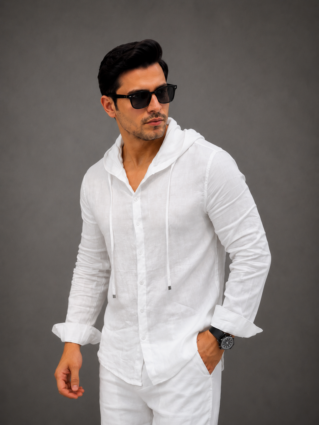 LI-135 |BEA'S | Men's Summer White Linen Hoodie Shirt & Trouser Set