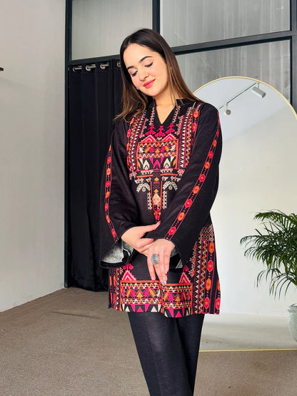 Black Printed Woollen Kurta Set (D-06)