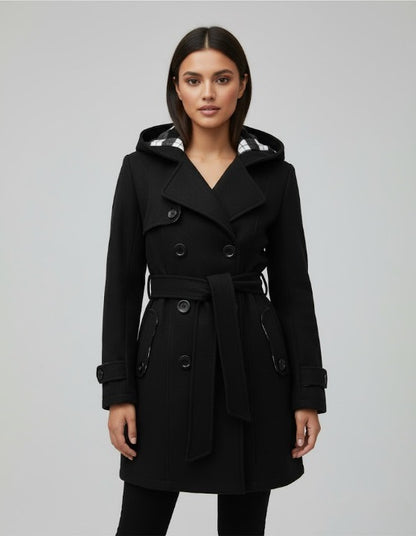 Soft Knit Trench-Style Coat with Plaid-Lined Hood