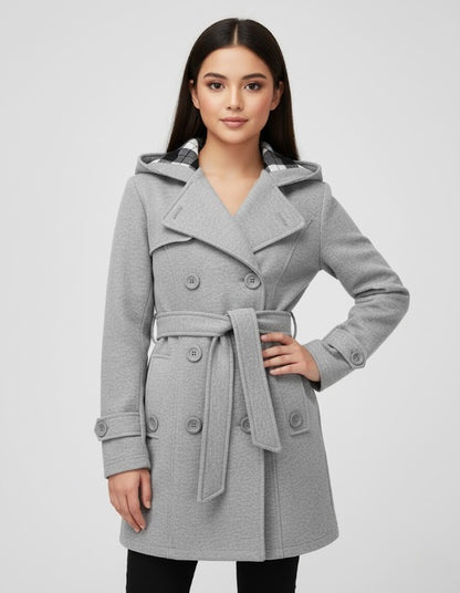 Soft Knit Trench-Style Coat with Plaid-Lined Hood