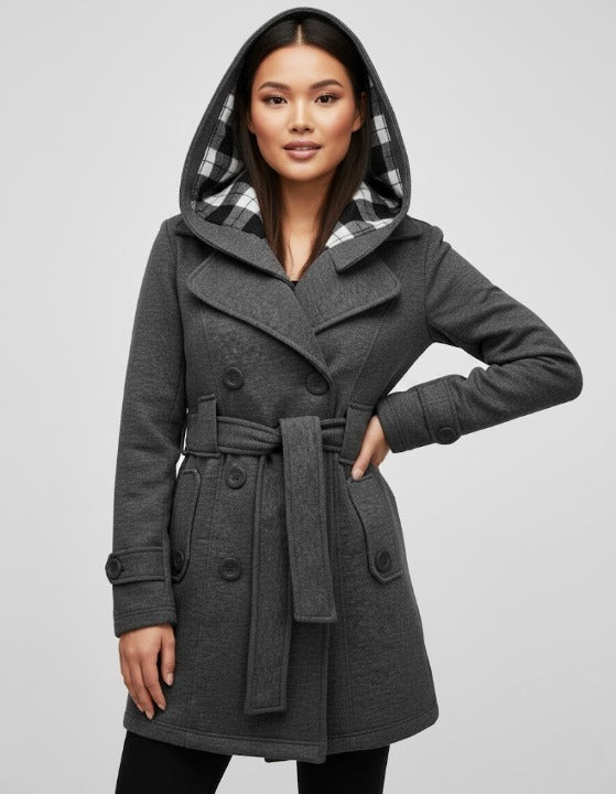 Soft Knit Trench-Style Coat with Plaid-Lined Hood