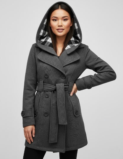 Soft Knit Trench-Style Coat with Plaid-Lined Hood