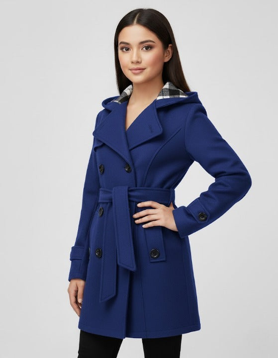 Soft Knit Trench-Style Coat with Plaid-Lined Hood