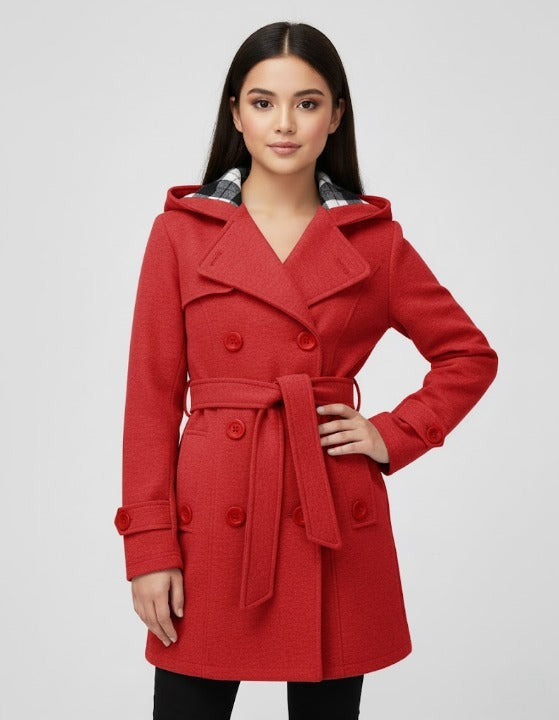 Soft Knit Trench-Style Coat with Plaid-Lined Hood