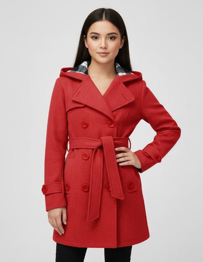 Soft Knit Trench-Style Coat with Plaid-Lined Hood