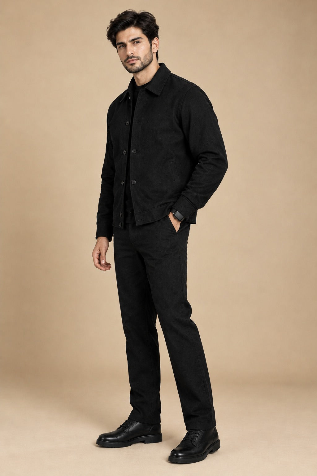 LI-172 |BEAS| Black Collar Jacket & Trouser+T-Shirt