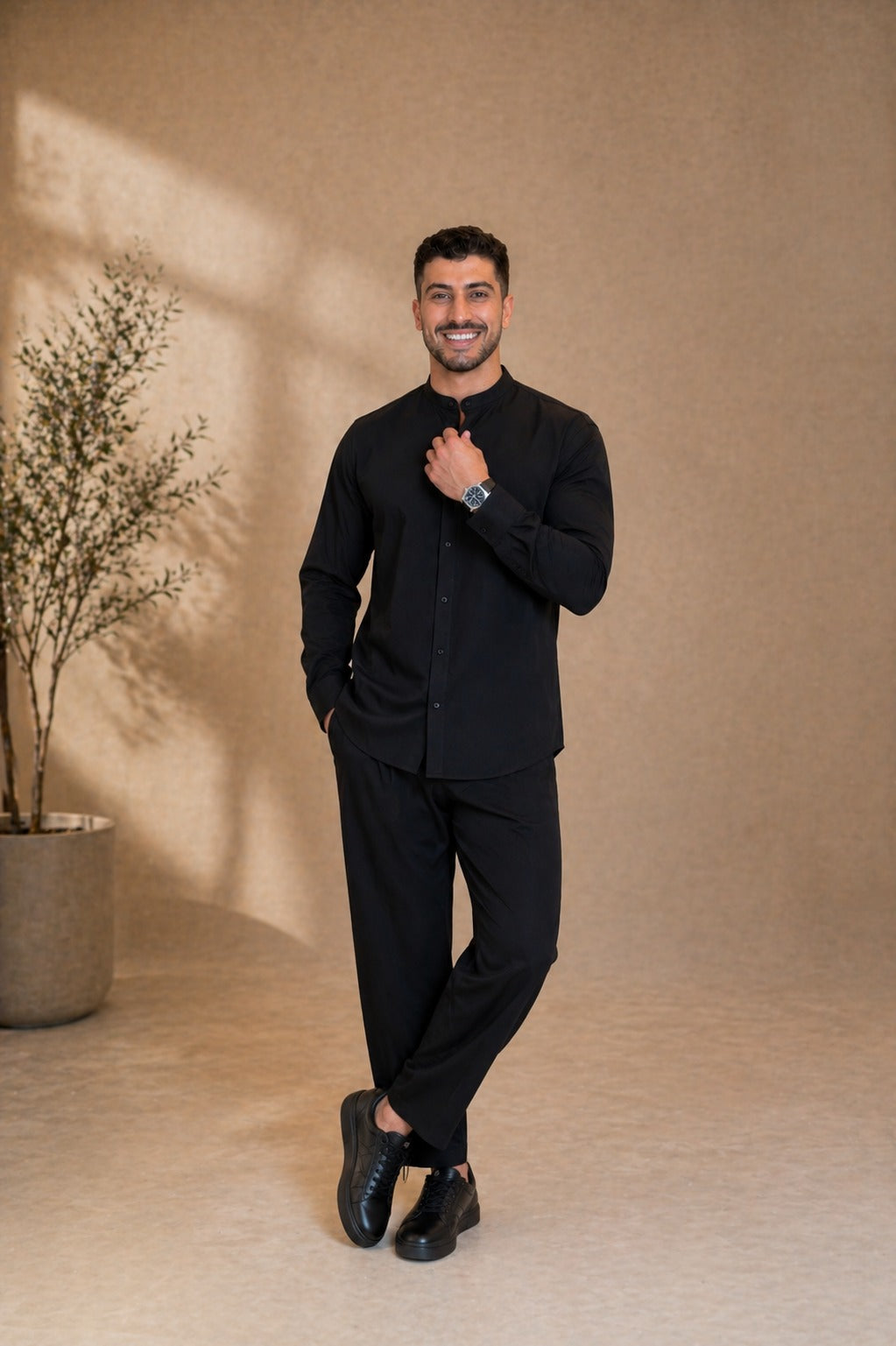LI-94 |BEAS| Shadow Luxe Men’s Co-Ord Set | Mandarin Collar Shirt & Tailored Loose Trouser