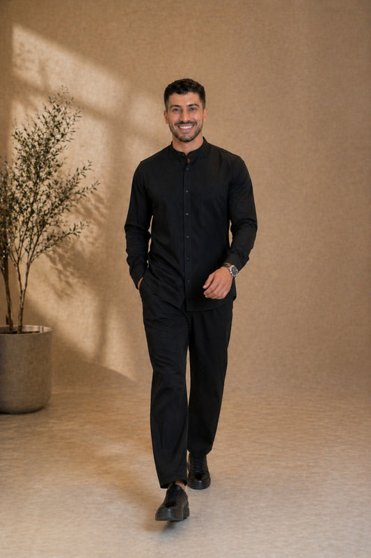LI-94 |BEAS| Shadow Luxe Men’s Co-Ord Set | Mandarin Collar Shirt & Tailored Loose Trouser
