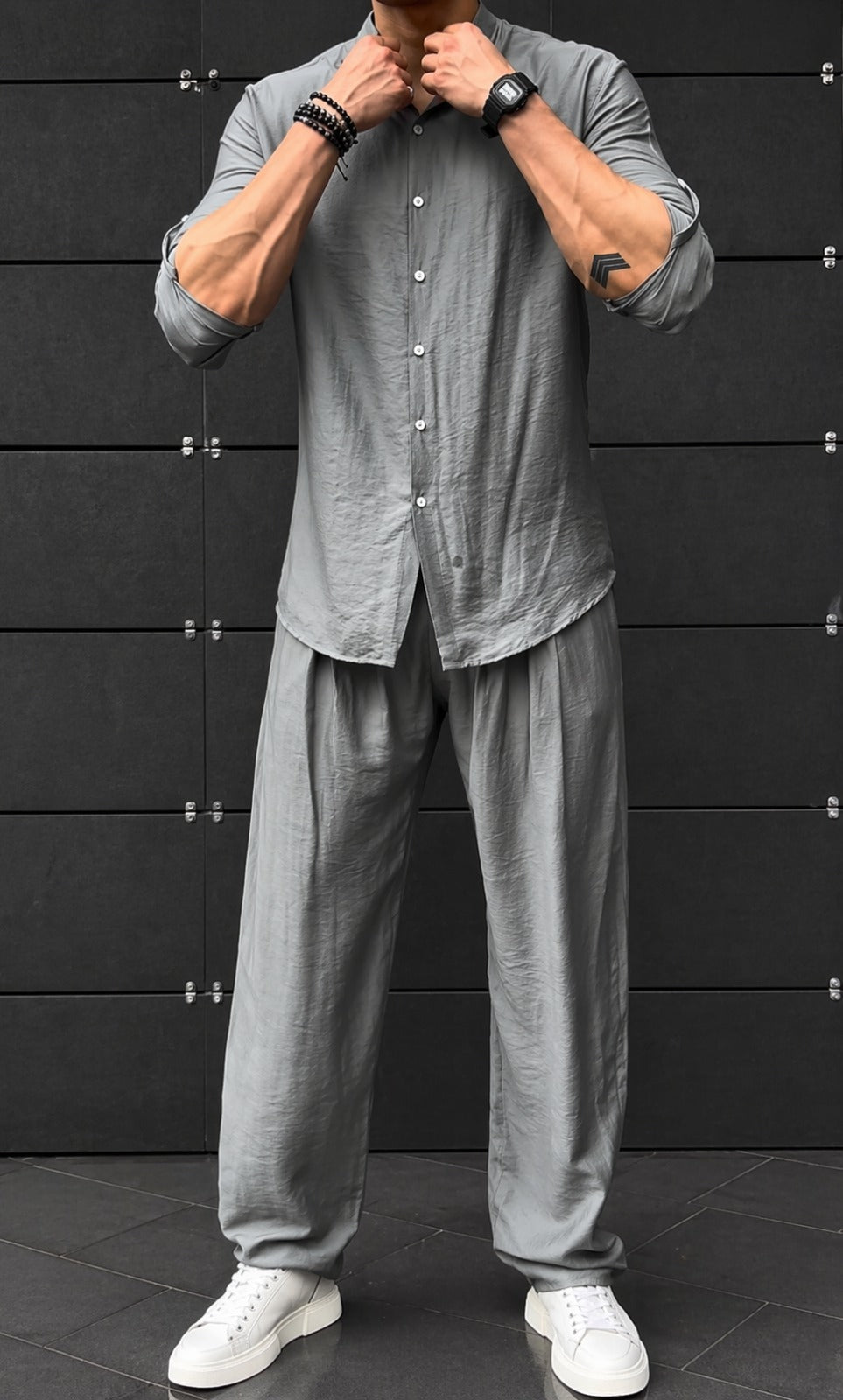 |BEAS| Shadow Luxe Men’s Co-Ord Set | Mandarin Collar Shirt & Tailored Loose Trouser